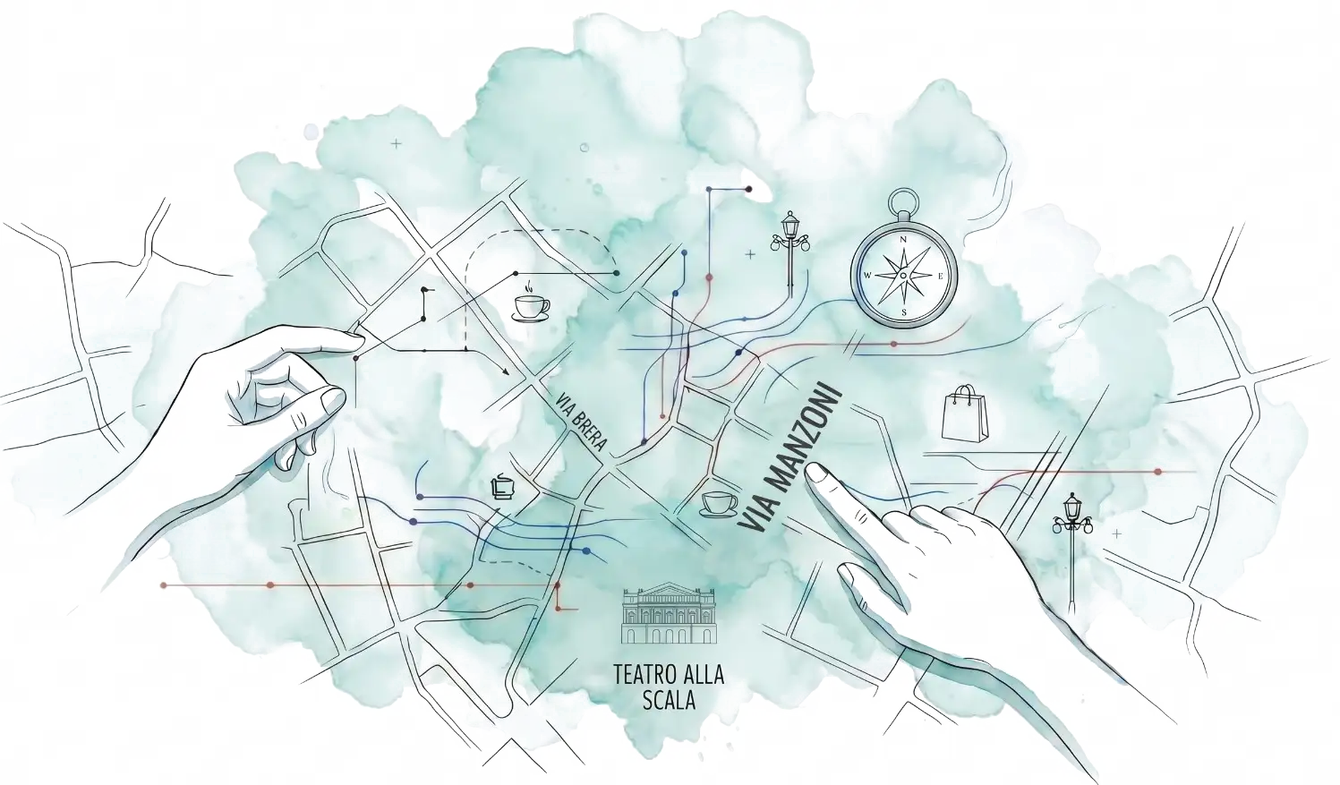 Watercolour line-art map of Brera and Manzoni